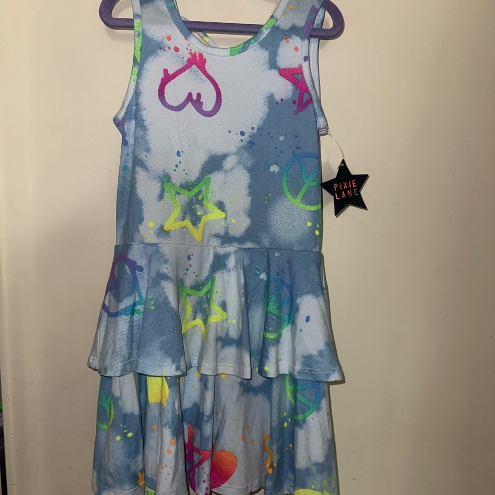 Pixie Lane size 7 NWT Blue Tie-Dye Dress with Neon Accents